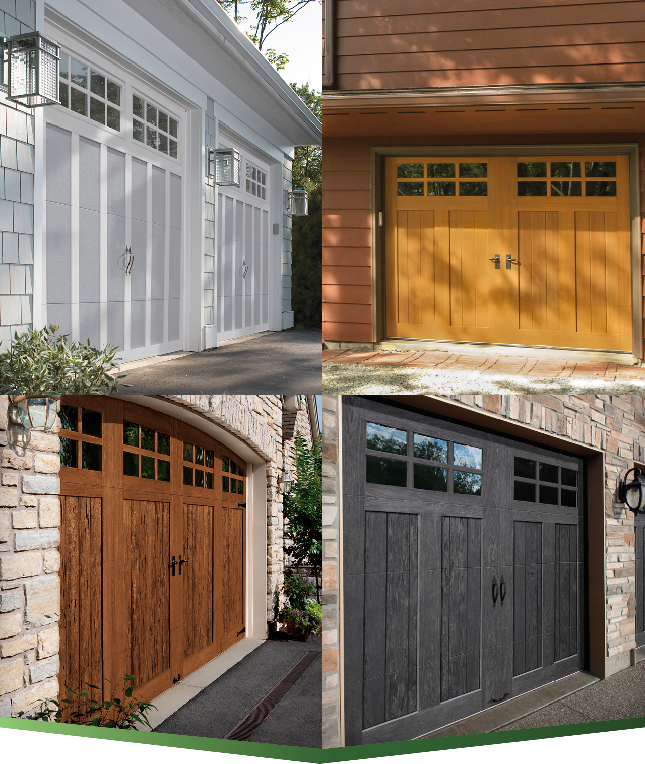 Four different styles of garage doors