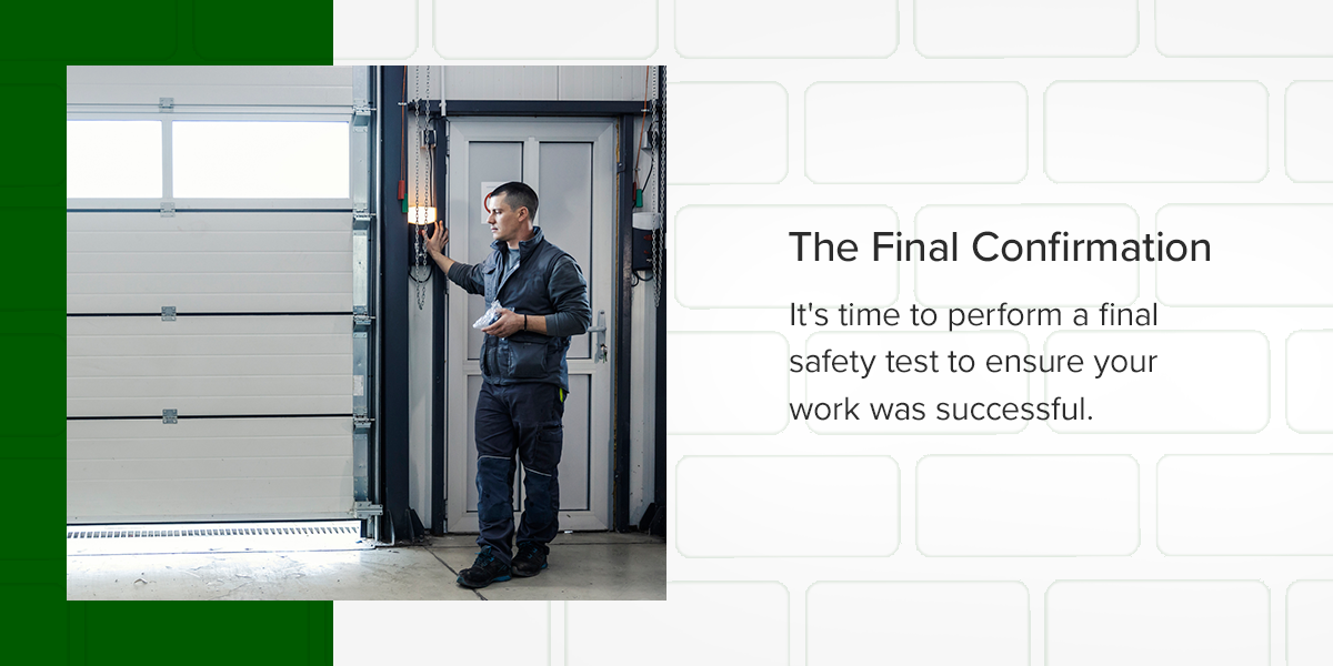 Man leaning on garage door opener testing if it's working