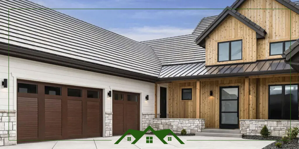 Brown garage doors on a house with a green roof logo